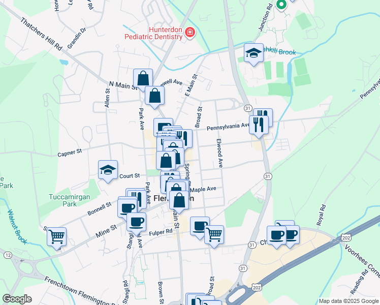 map of restaurants, bars, coffee shops, grocery stores, and more near 53A Broad Street in Flemington