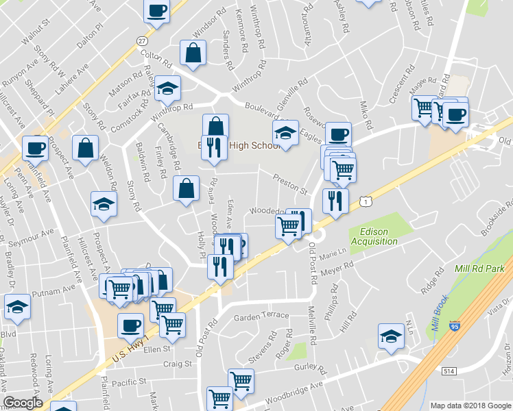 map of restaurants, bars, coffee shops, grocery stores, and more near 2 Center Street in Edison