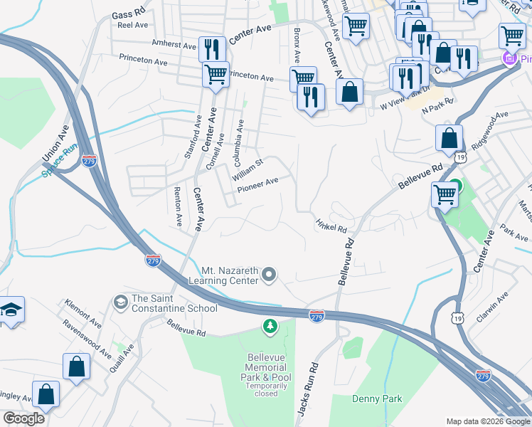 map of restaurants, bars, coffee shops, grocery stores, and more near 110 Meadow Ct in Pittsburgh