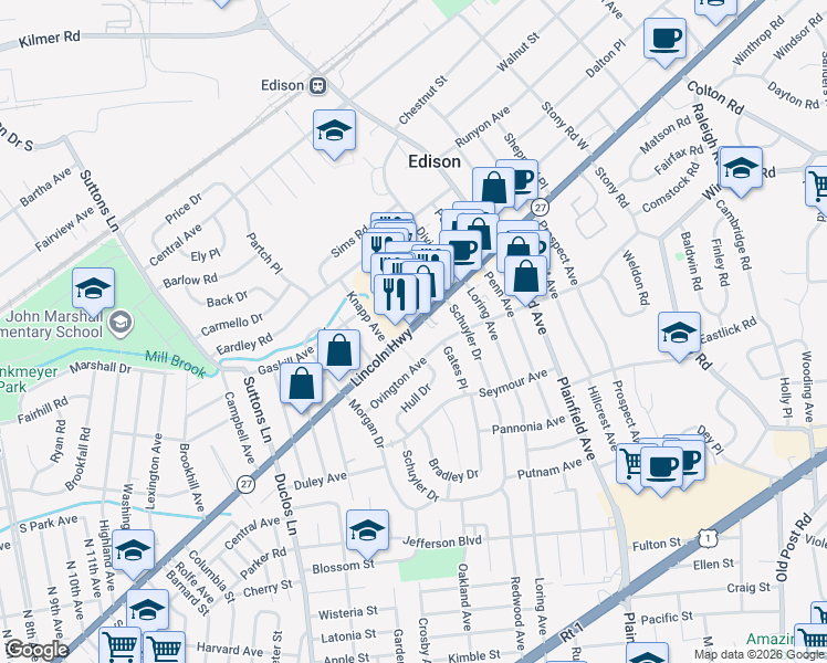 map of restaurants, bars, coffee shops, grocery stores, and more near 1723 New Jersey 27 in Edison
