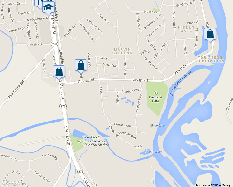 map of restaurants, bars, coffee shops, grocery stores, and more near 2401 Pendant Way in Redding