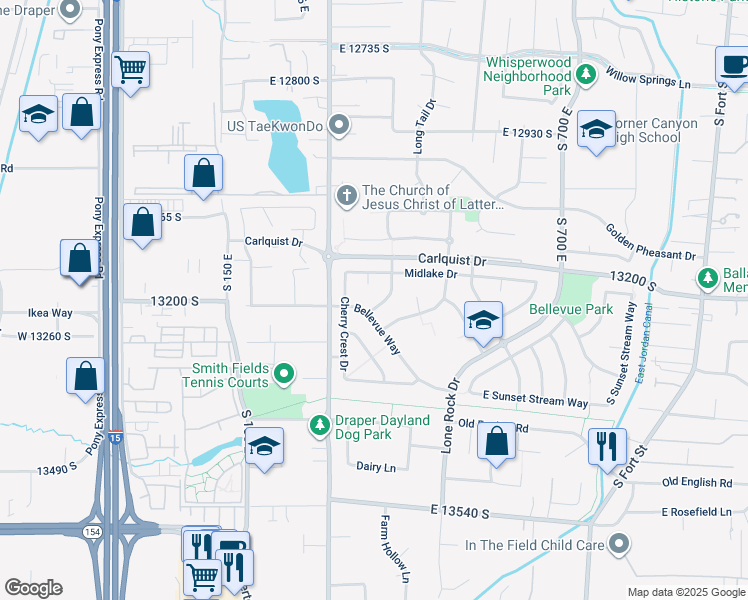 map of restaurants, bars, coffee shops, grocery stores, and more near 13208 Sunset Glen Way in Draper