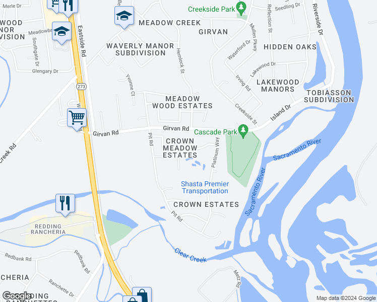 map of restaurants, bars, coffee shops, grocery stores, and more near 2595 Pendant Way in Redding