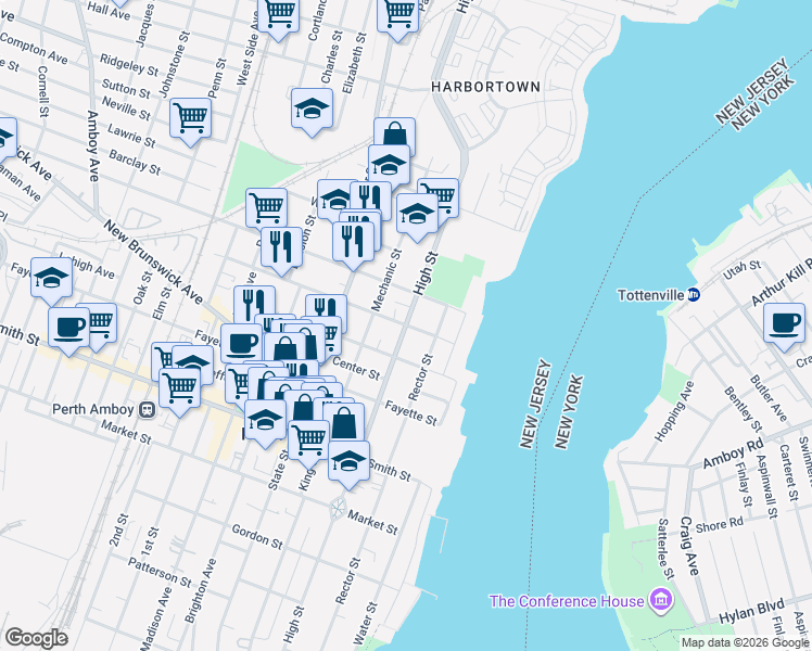 map of restaurants, bars, coffee shops, grocery stores, and more near 52 Broad Street in Perth Amboy