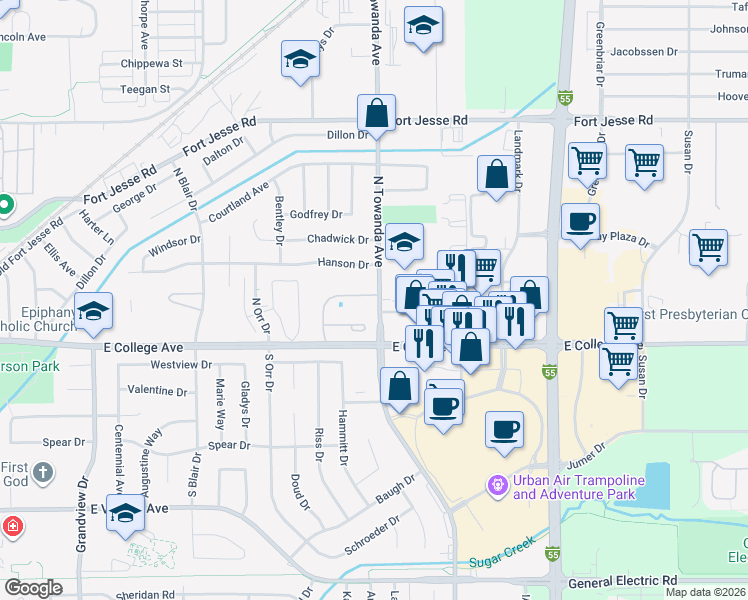 map of restaurants, bars, coffee shops, grocery stores, and more near 1074 North Towanda Avenue in Normal