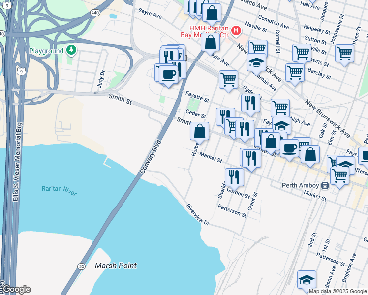 map of restaurants, bars, coffee shops, grocery stores, and more near 510 Market Street in Perth Amboy