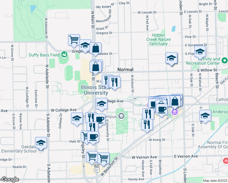map of restaurants, bars, coffee shops, grocery stores, and more near 100 North University Street in Normal