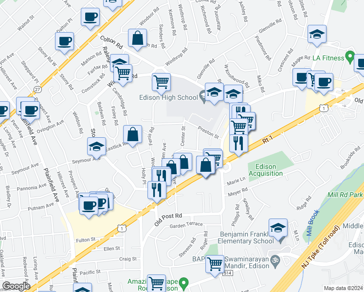map of restaurants, bars, coffee shops, grocery stores, and more near 6 Center Street in Edison