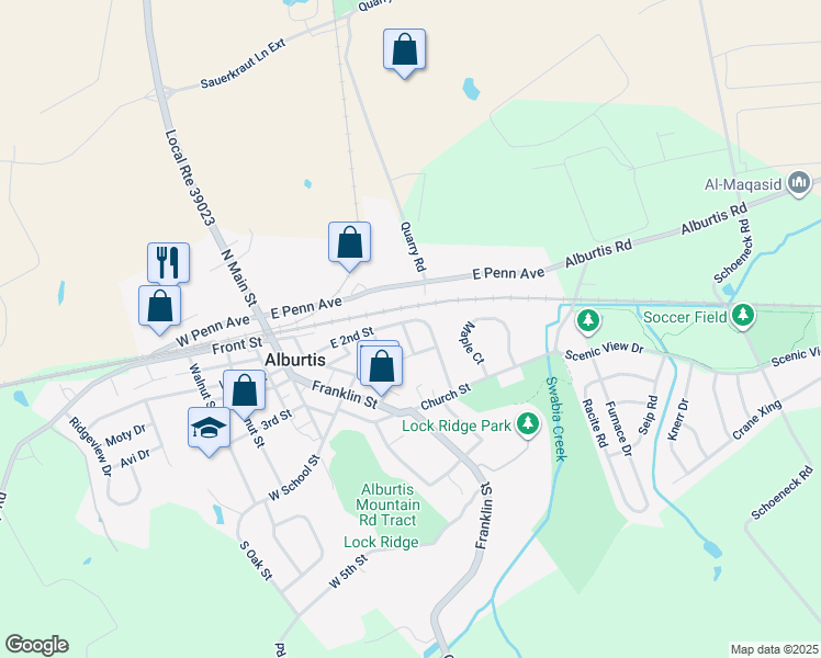 map of restaurants, bars, coffee shops, grocery stores, and more near 201 Park Lane in Alburtis