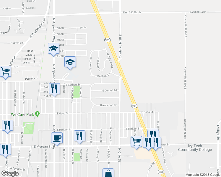 map of restaurants, bars, coffee shops, grocery stores, and more near 1028 East Cornell Road in Kokomo