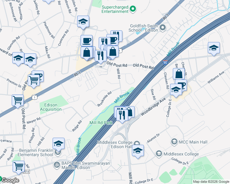 map of restaurants, bars, coffee shops, grocery stores, and more near 7 Brookside Road in Edison