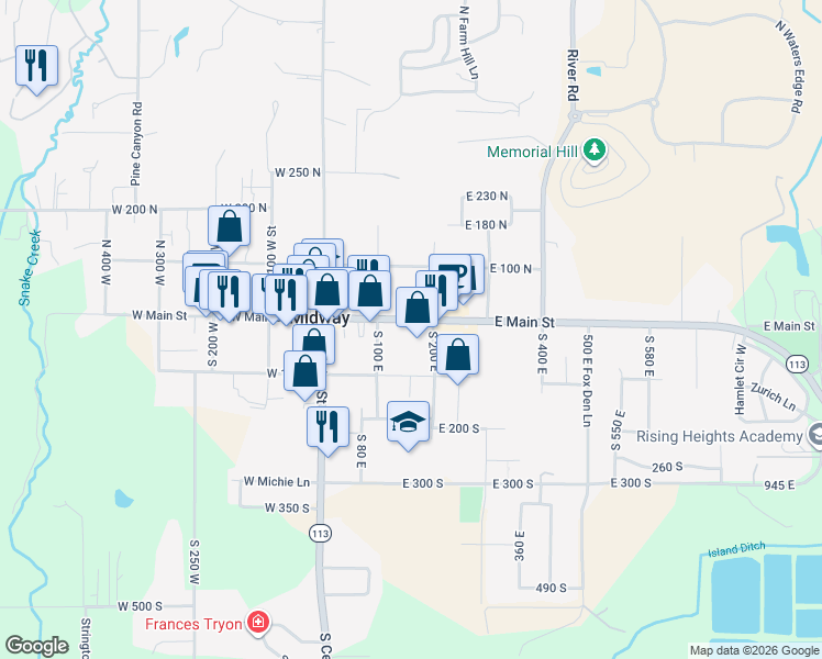 map of restaurants, bars, coffee shops, grocery stores, and more near 110 East Main Street in Midway