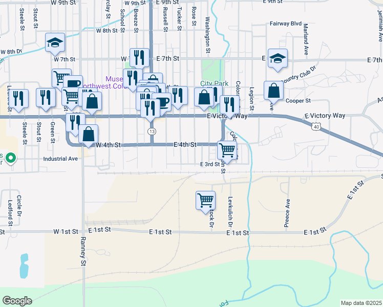 map of restaurants, bars, coffee shops, grocery stores, and more near 374 Rose Street in Craig