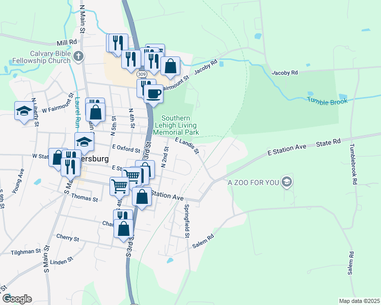 map of restaurants, bars, coffee shops, grocery stores, and more near 4270 East Landis Street in Coopersburg