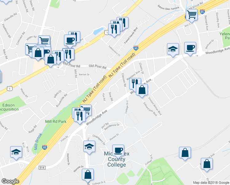 map of restaurants, bars, coffee shops, grocery stores, and more near 12 Carol Place in Edison