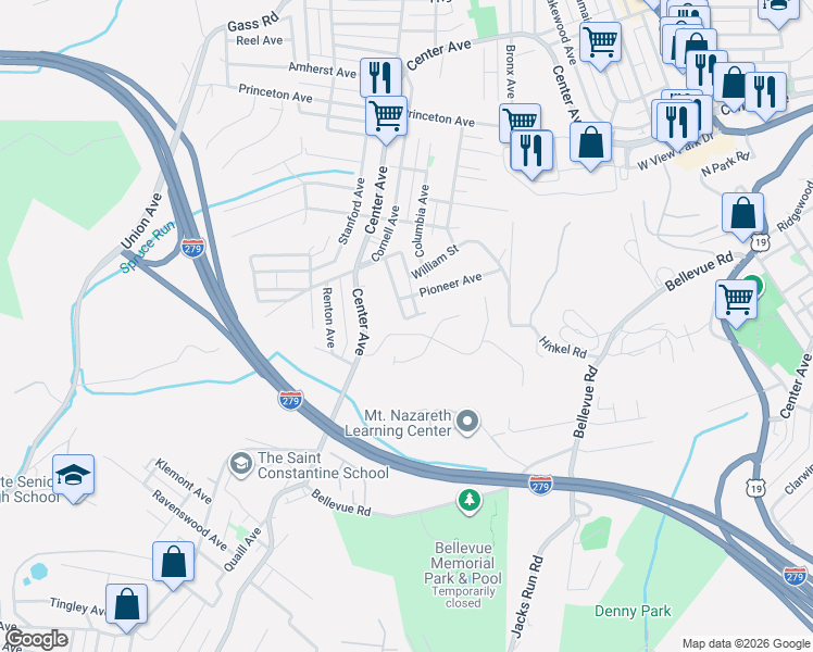 map of restaurants, bars, coffee shops, grocery stores, and more near 123 Spruce Valley Drive in Pittsburgh