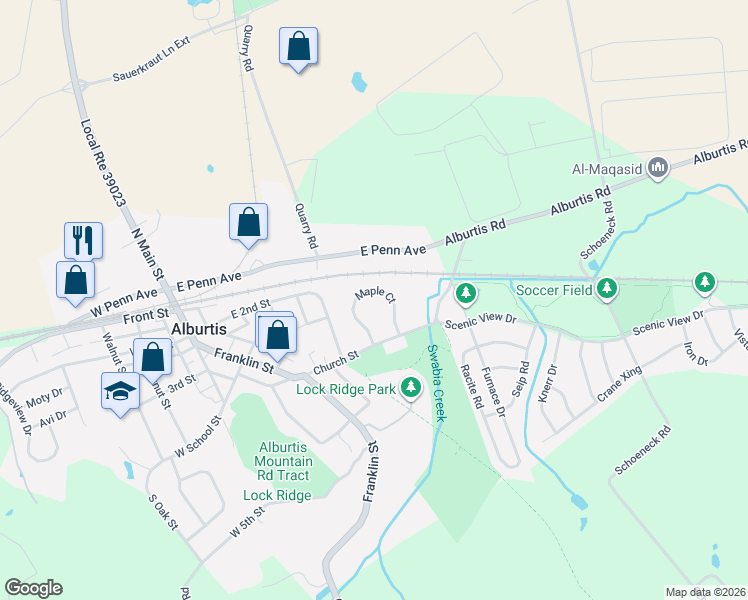 map of restaurants, bars, coffee shops, grocery stores, and more near 261 Maple Court in Alburtis