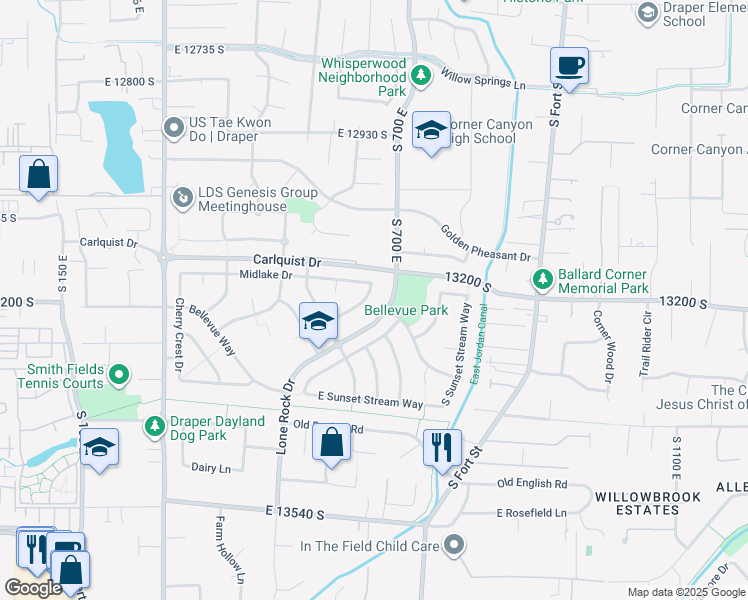 map of restaurants, bars, coffee shops, grocery stores, and more near 13205 Cougar Ridge Road in Draper