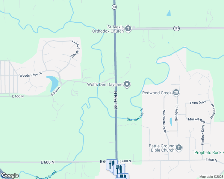 map of restaurants, bars, coffee shops, grocery stores, and more near 6424 Indiana 43 in West Lafayette