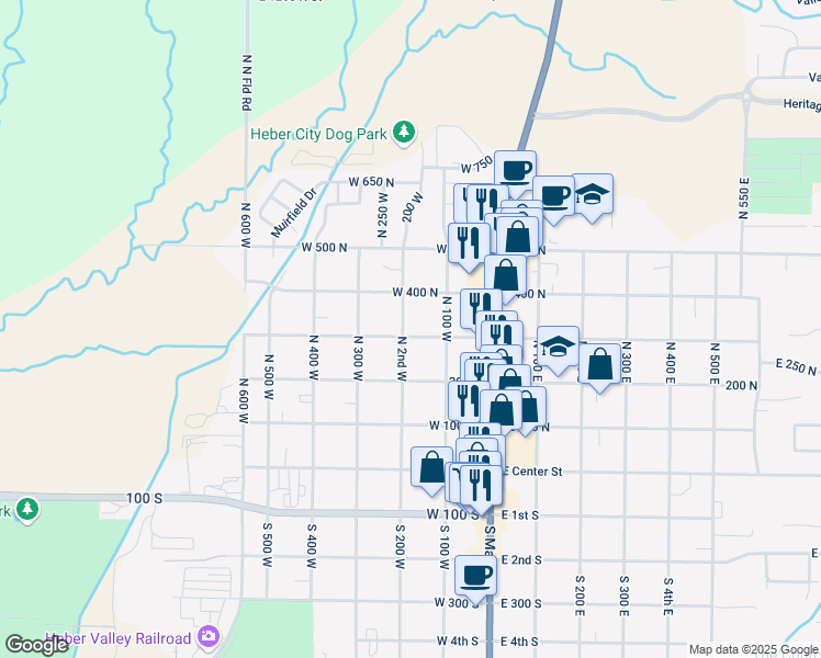 map of restaurants, bars, coffee shops, grocery stores, and more near 188 West 300 North in Heber City