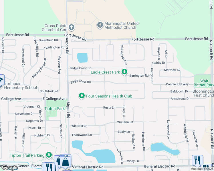 map of restaurants, bars, coffee shops, grocery stores, and more near 2409 Interlocken Dr in Bloomington