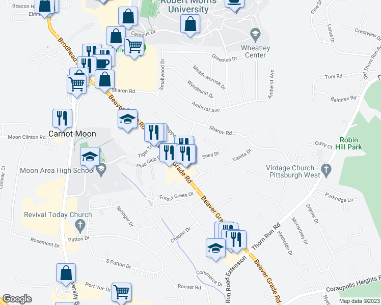map of restaurants, bars, coffee shops, grocery stores, and more near 113 Lang Drive in Coraopolis