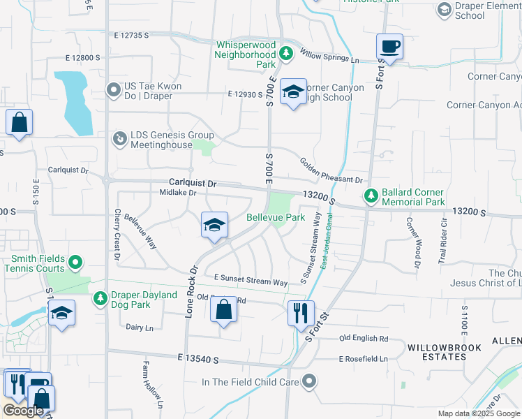 map of restaurants, bars, coffee shops, grocery stores, and more near 13205 Cougar Ridge Road in Draper