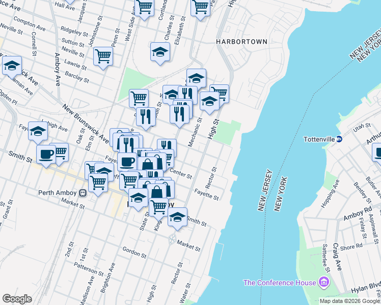 map of restaurants, bars, coffee shops, grocery stores, and more near 401 Mechanic Street in Perth Amboy
