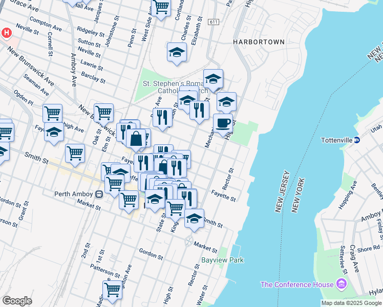 map of restaurants, bars, coffee shops, grocery stores, and more near in Perth Amboy