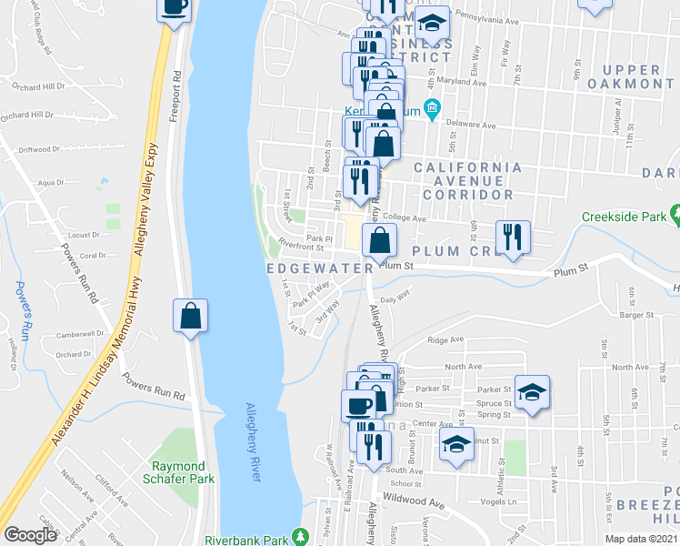map of restaurants, bars, coffee shops, grocery stores, and more near 41 Allegheny Avenue in Oakmont