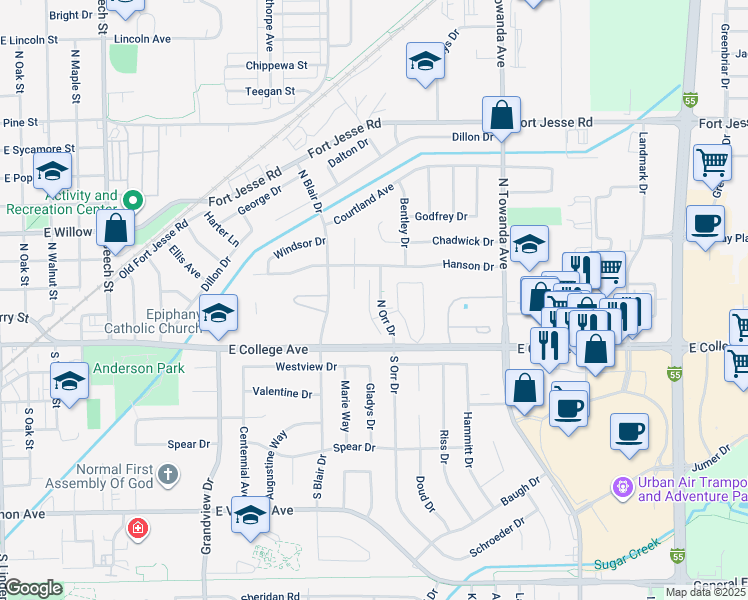 map of restaurants, bars, coffee shops, grocery stores, and more near 111 North Orr Drive in Normal