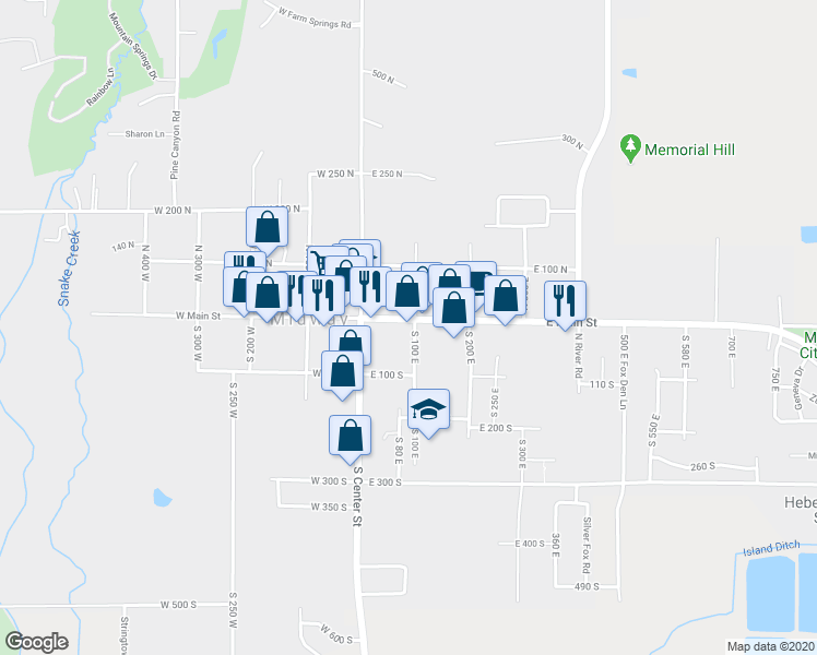 map of restaurants, bars, coffee shops, grocery stores, and more near 90 East Main Street in Midway
