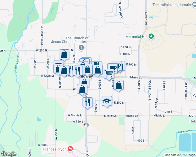 map of restaurants, bars, coffee shops, grocery stores, and more near 90 East Main Street in Midway