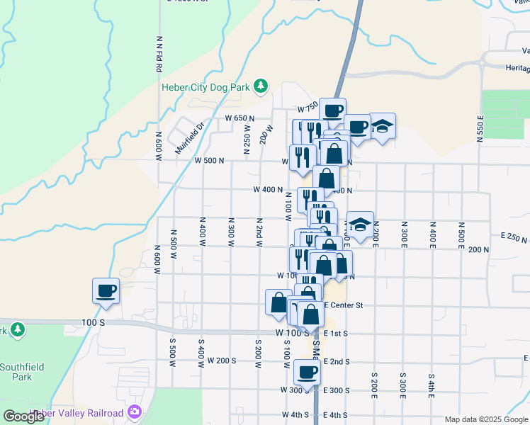 map of restaurants, bars, coffee shops, grocery stores, and more near 188 West 300 North in Heber City