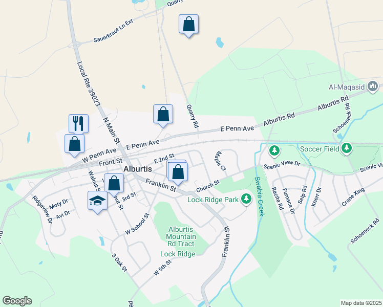 map of restaurants, bars, coffee shops, grocery stores, and more near 201 Park Lane in Alburtis