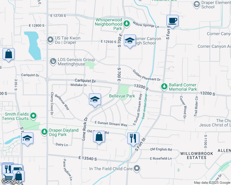 map of restaurants, bars, coffee shops, grocery stores, and more near 13205 Cougar Ridge Road in Draper