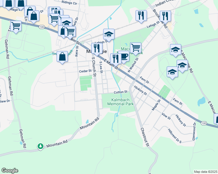 map of restaurants, bars, coffee shops, grocery stores, and more near 201 Arch Street in Macungie