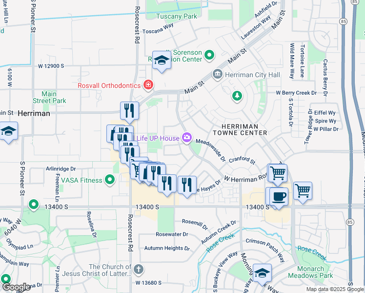 map of restaurants, bars, coffee shops, grocery stores, and more near 5411 Meadowside Drive in Herriman