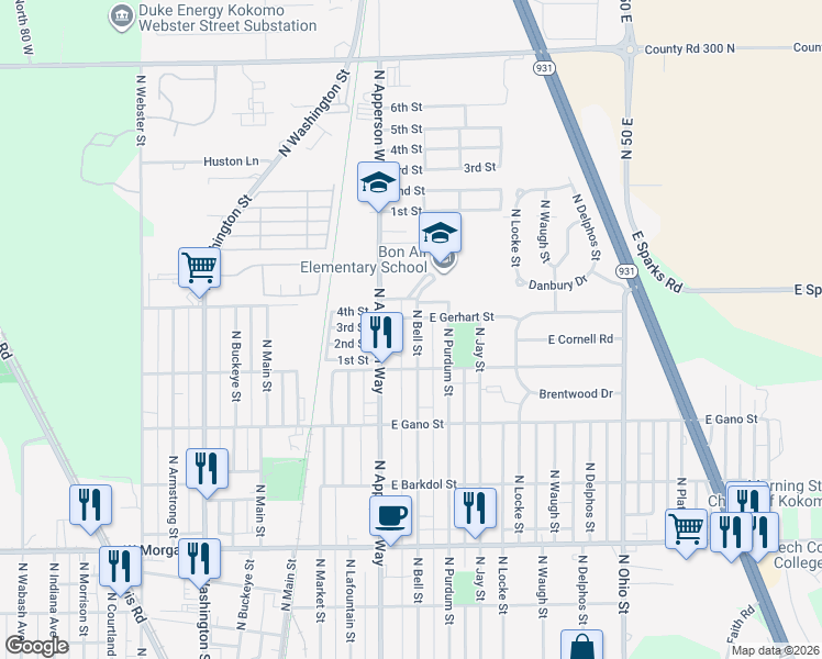 map of restaurants, bars, coffee shops, grocery stores, and more near 2537 North Bell Street in Kokomo