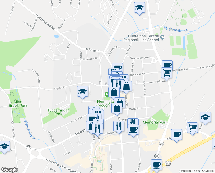 map of restaurants, bars, coffee shops, grocery stores, and more near 10 Capner Street in Flemington