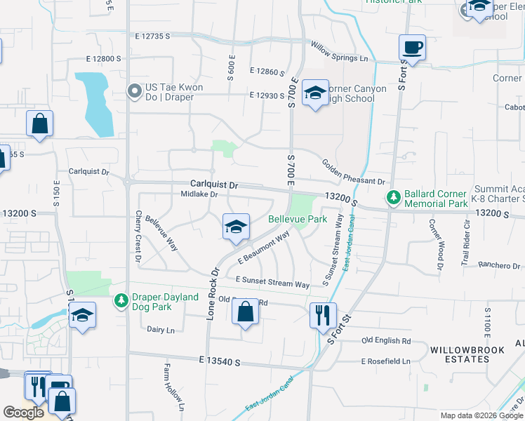 map of restaurants, bars, coffee shops, grocery stores, and more near 13206 Cougar Ridge Road in Draper