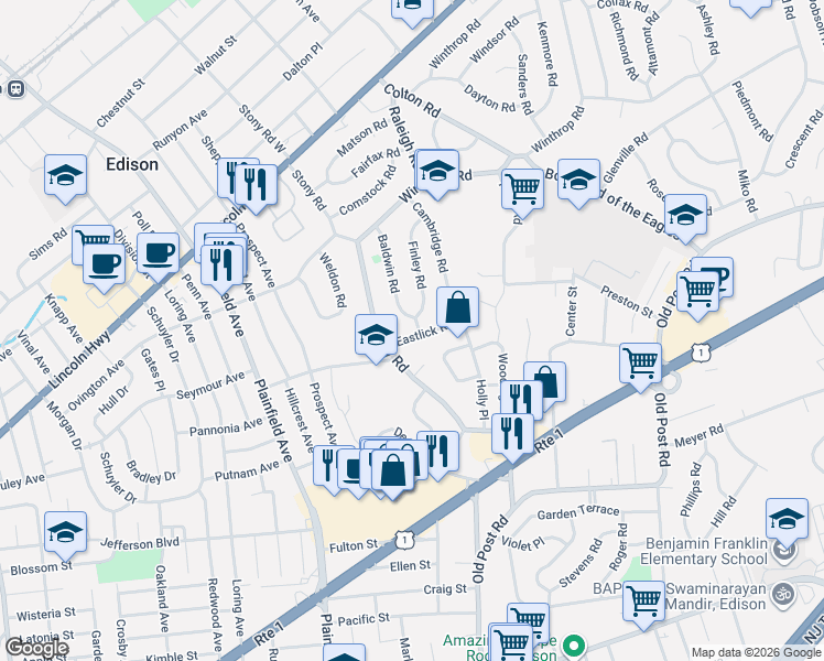 map of restaurants, bars, coffee shops, grocery stores, and more near 9 Eastlick Road in Edison