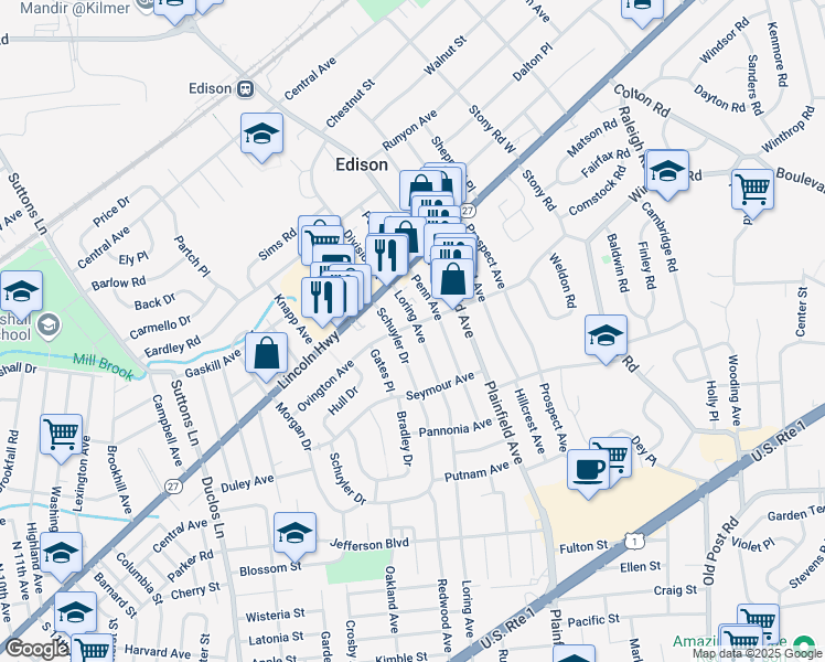 map of restaurants, bars, coffee shops, grocery stores, and more near 238 Loring Avenue in Edison