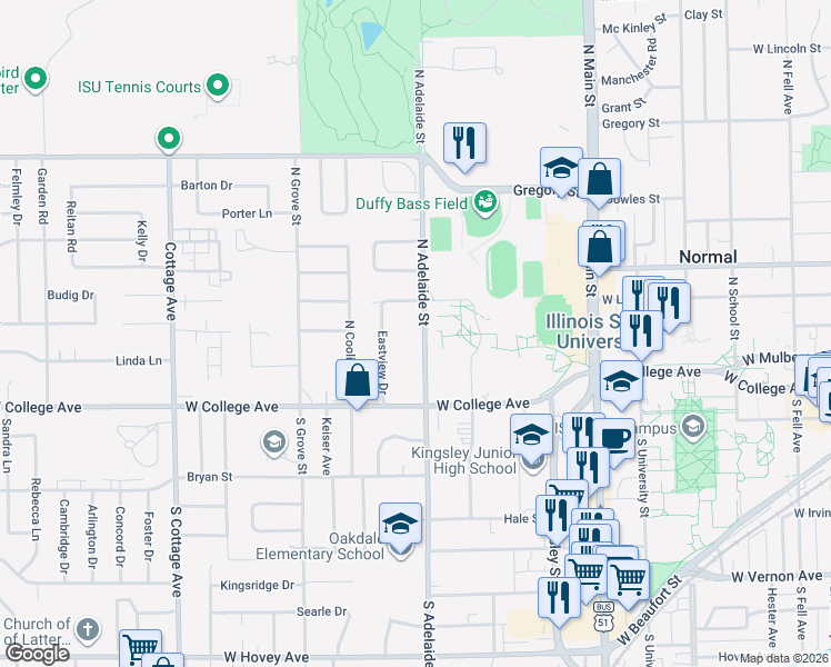 map of restaurants, bars, coffee shops, grocery stores, and more near 119 North Adelaide Street in Normal