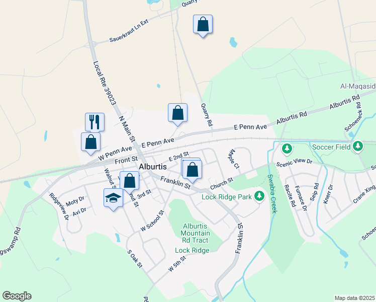 map of restaurants, bars, coffee shops, grocery stores, and more near 95 East 2nd Street in Alburtis