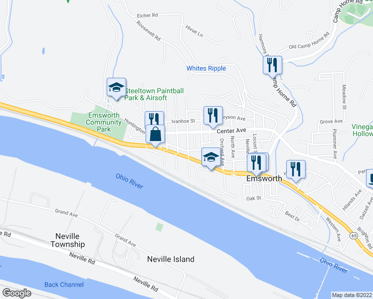 map of restaurants, bars, coffee shops, grocery stores, and more near 169 Allegheny Avenue in Pittsburgh