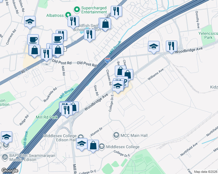 map of restaurants, bars, coffee shops, grocery stores, and more near 4 Clausen Road in Edison