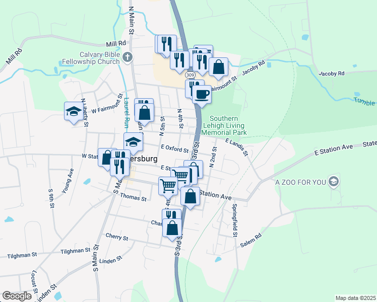 map of restaurants, bars, coffee shops, grocery stores, and more near 333 East Oxford Street in Coopersburg