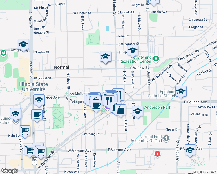 map of restaurants, bars, coffee shops, grocery stores, and more near 109 East Cherry Street in Normal