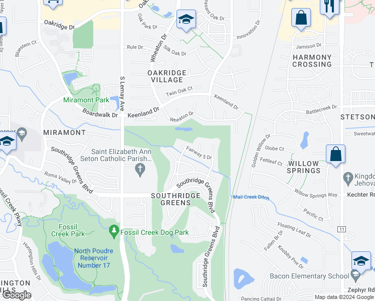 map of restaurants, bars, coffee shops, grocery stores, and more near 1506 Front 9 Dr in Fort Collins
